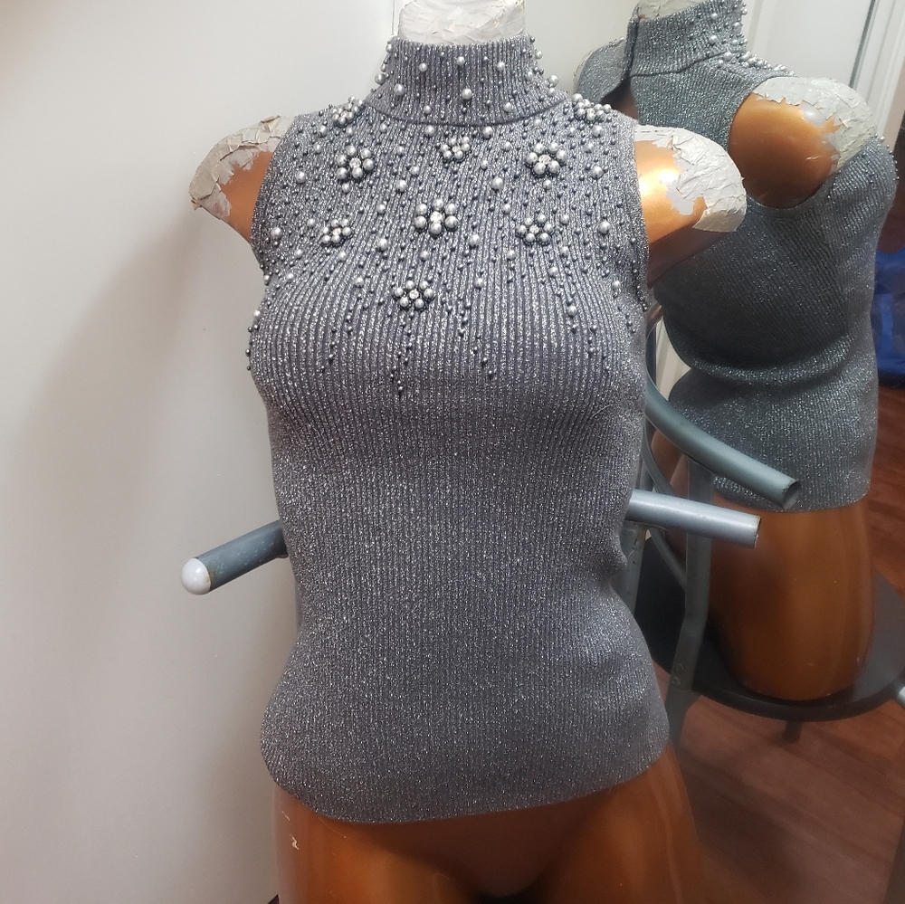 Vtg Cache grey lurex Sleeveless Beaded Sweater vest mock neck XS NWT